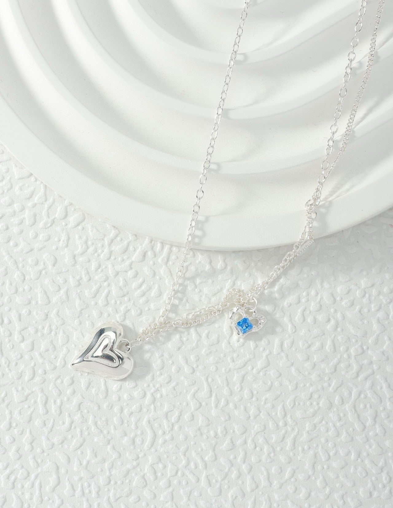 Blue Zircon Layered Heart Silver Necklace