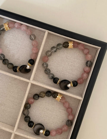 Jade Rabbit - Rose Quartz, Gray Rabbit Quartz, and Silver Sheen Obsidian Crystal Bracelet