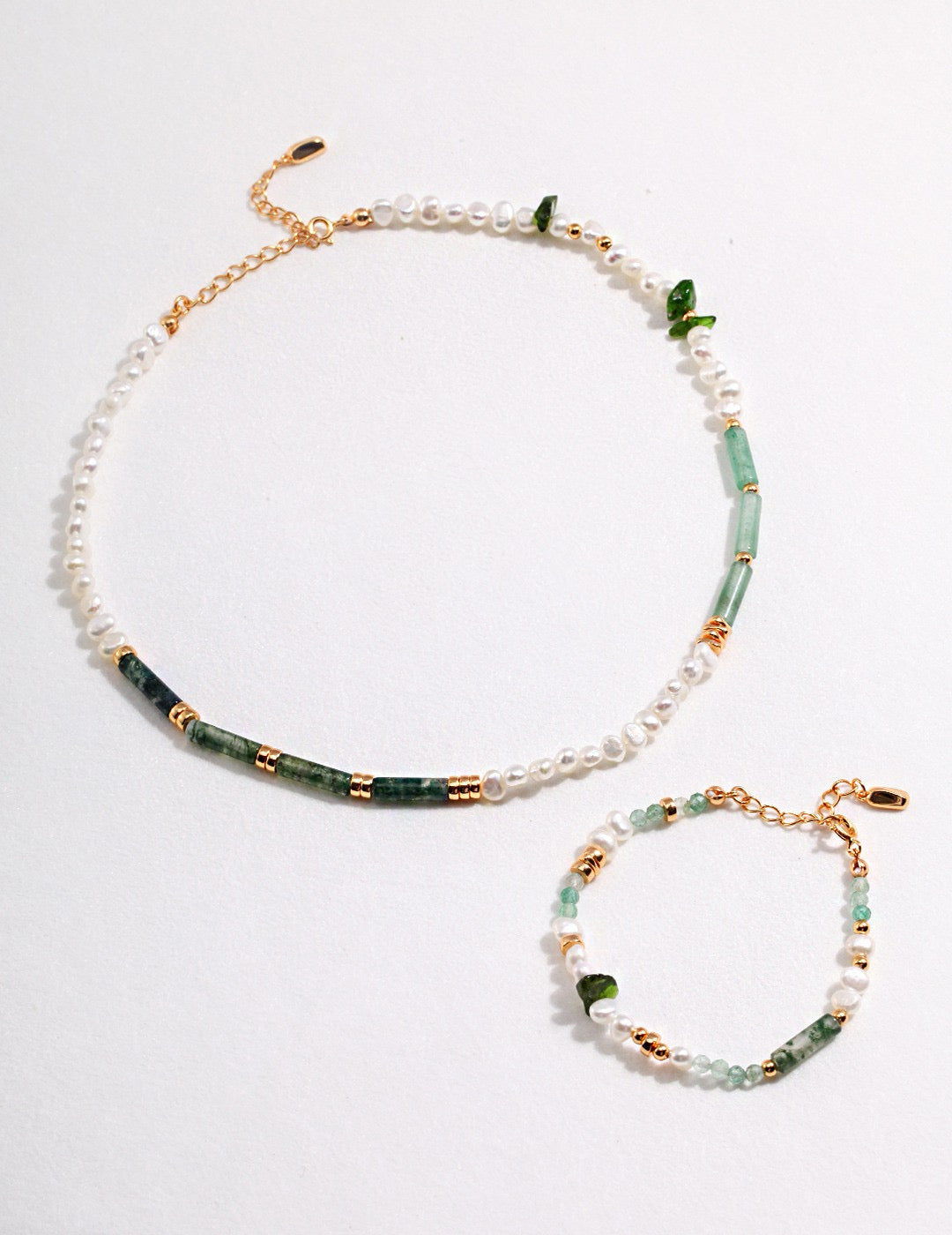 Silver Pearl & Green Toned Jade Necklace