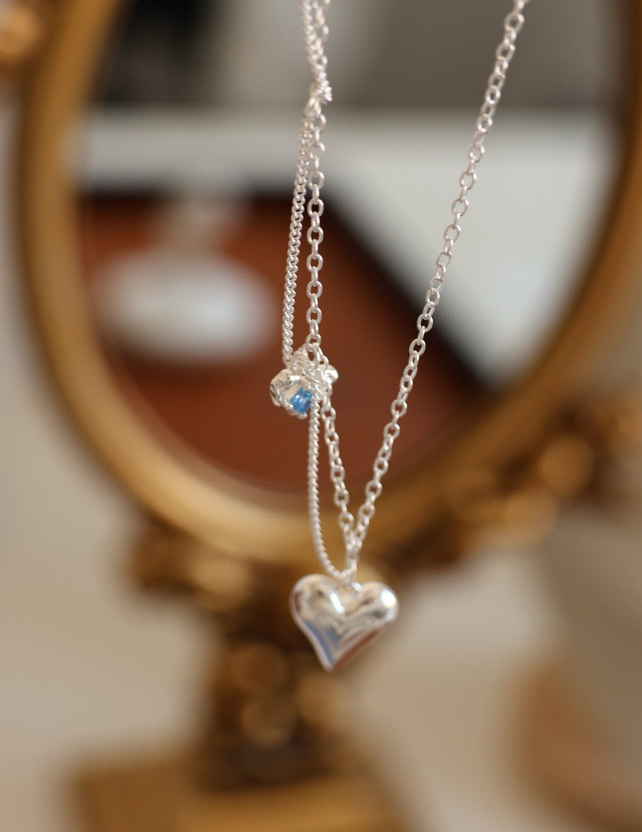 Blue Zircon Layered Heart Silver Necklace