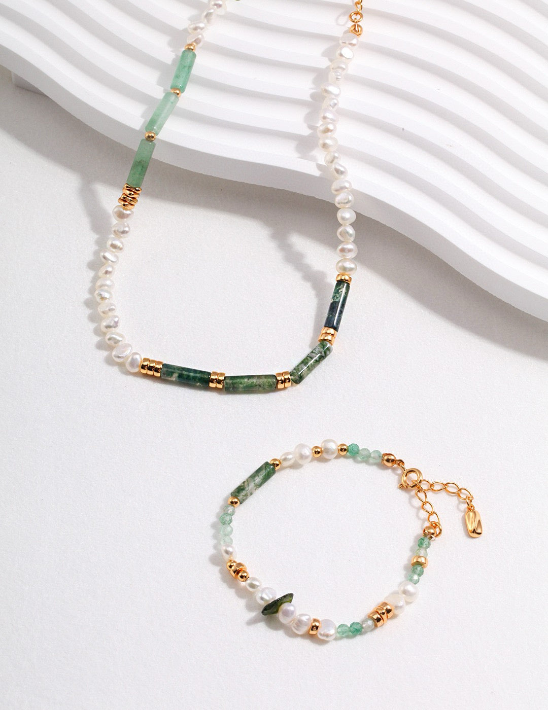 Silver Pearl & Green Toned Jade Necklace