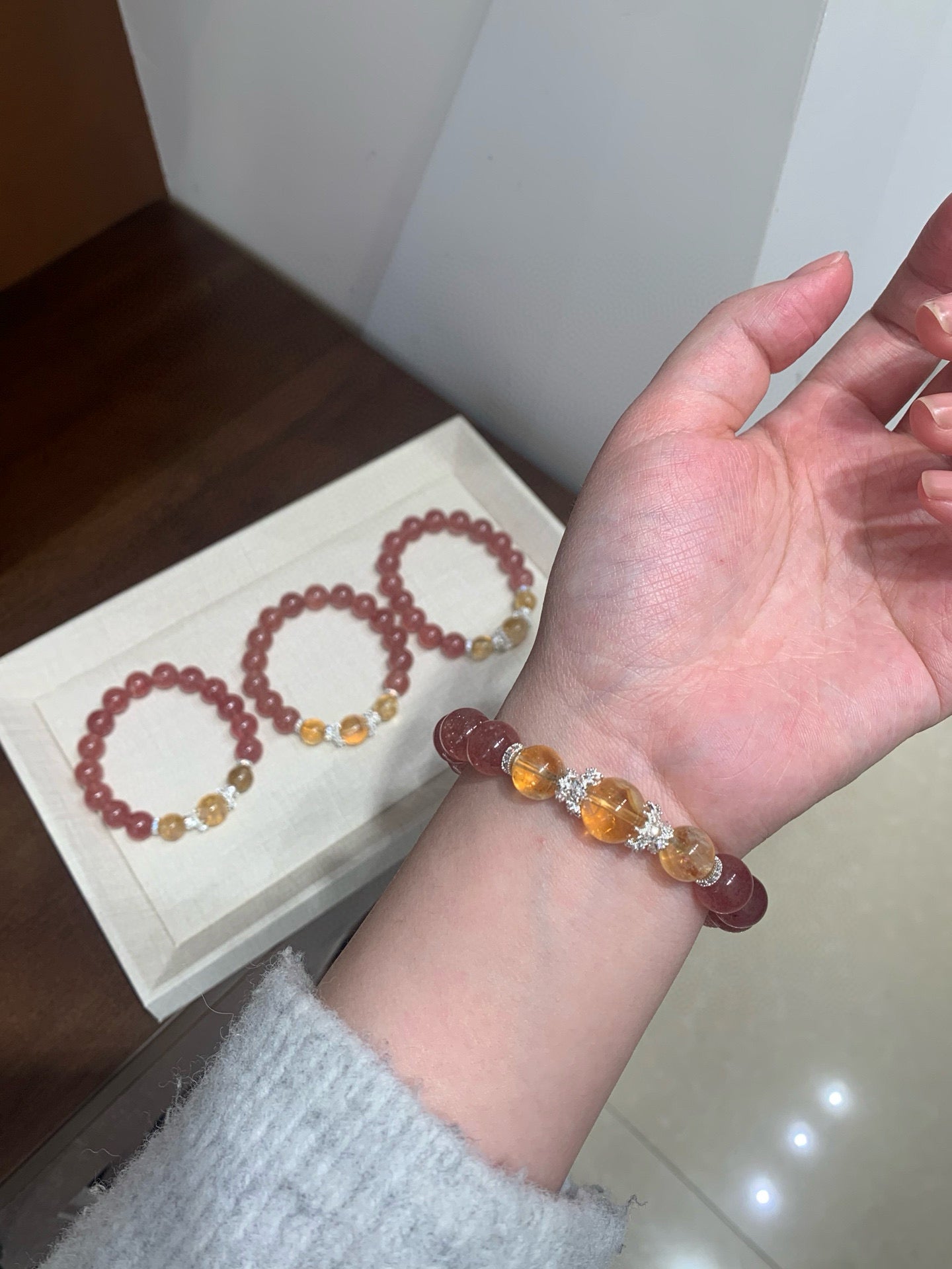 Strawberry Quartz & Citrine Crystal Bracelet for Enhance Relationships