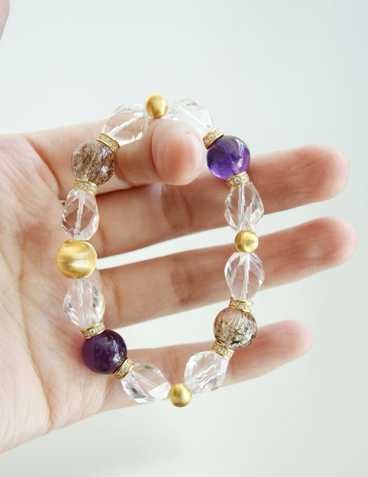 Amethyst, Clear Quartz & Phantom Crystal Bracelet