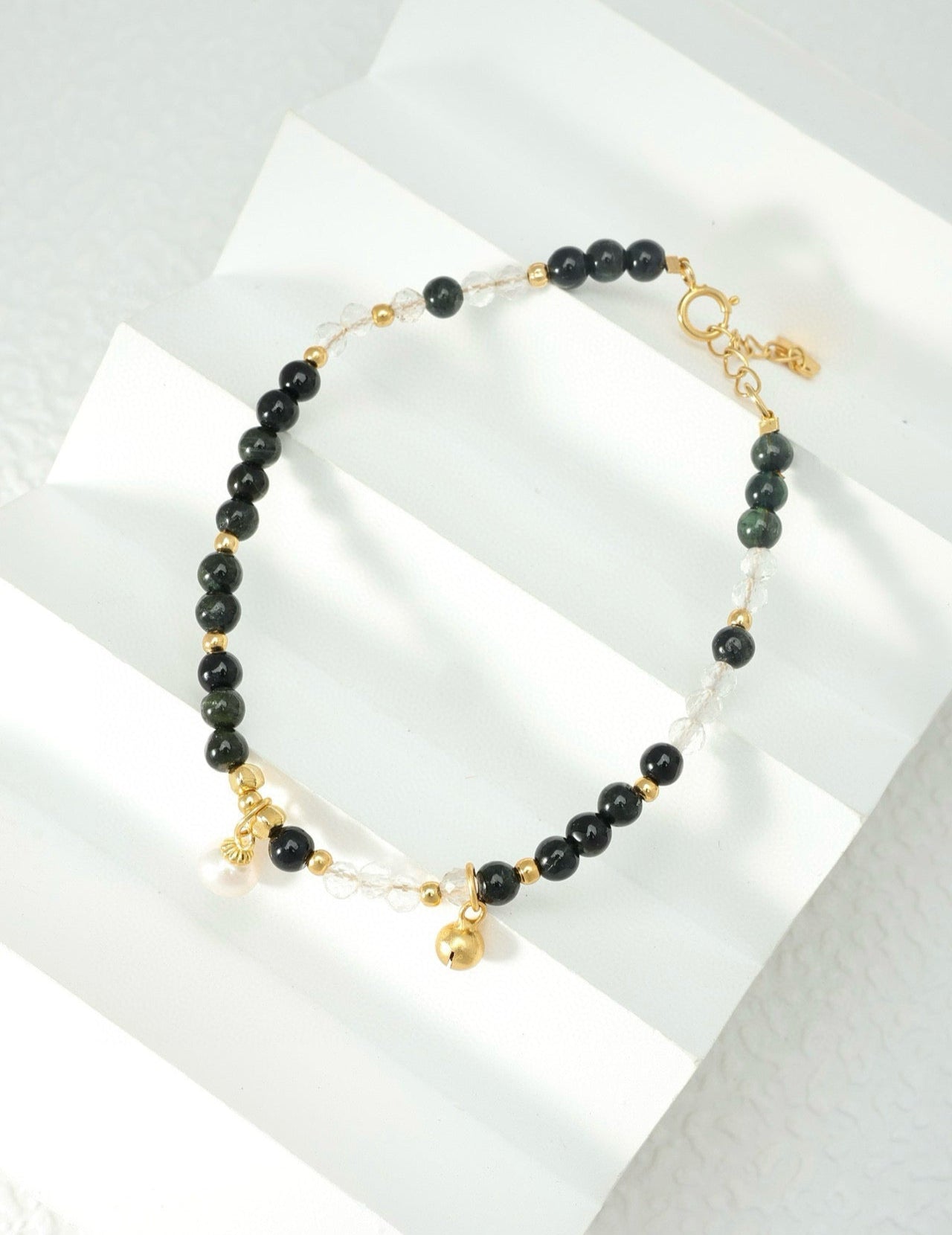 3.8mm Black Tourmaline & White Crystal Bracelet for Stability and Strength