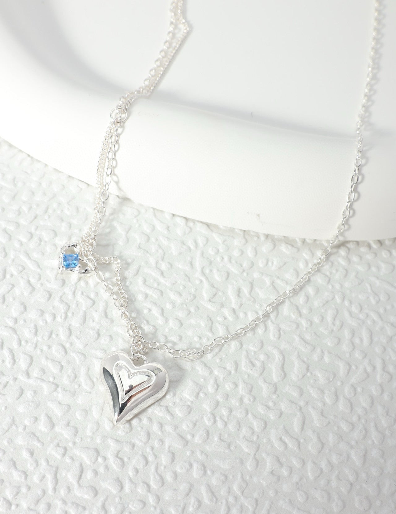 Blue Zircon Layered Heart Silver Necklace