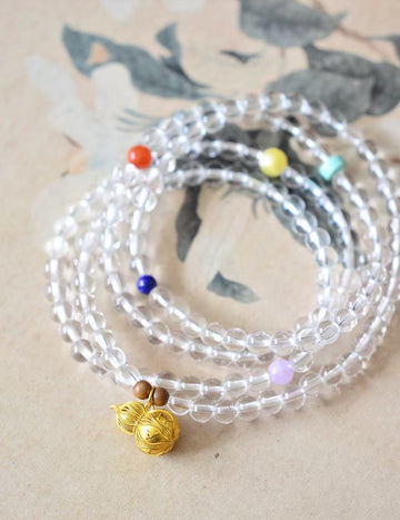 108 Bead Natural Five-Elements Energy White Crystal Bracelet or Necklace - Ward Off Evil, Enhance Luck, Purify Energy Field