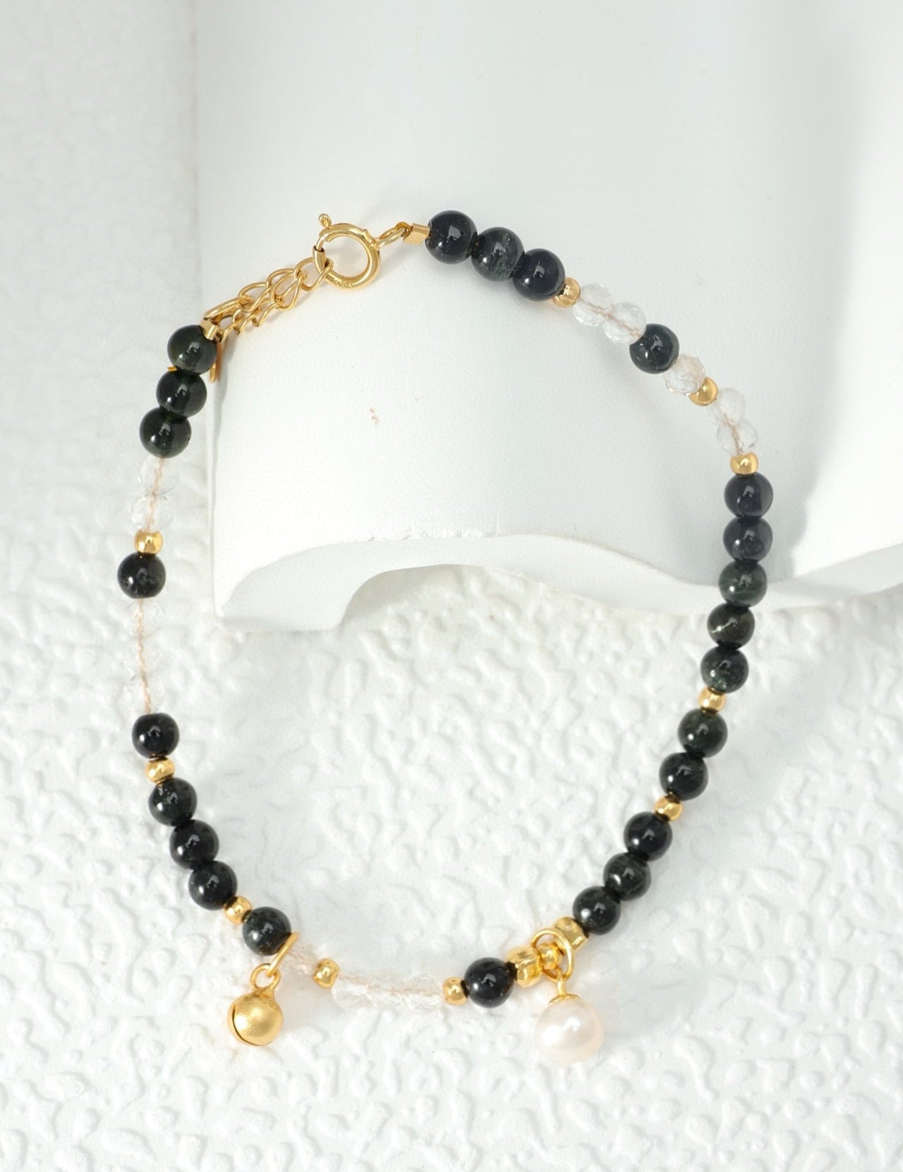 3.8mm Black Tourmaline & White Crystal Bracelet for Stability and Strength