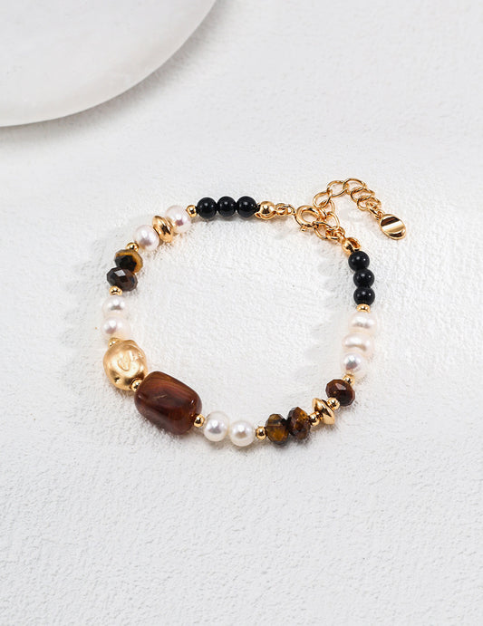 Natural Pearl, Tiger-Eye Abalone-Heart Courage and Strength Bracelet