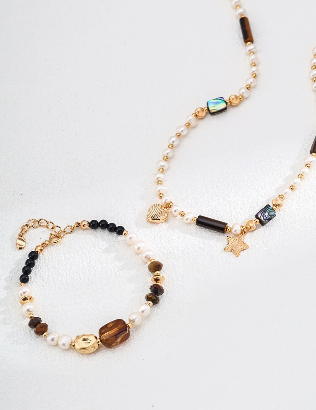 Natural Pearl, Tiger-Eye Abalone-Heart Courage and Strength Bracelet