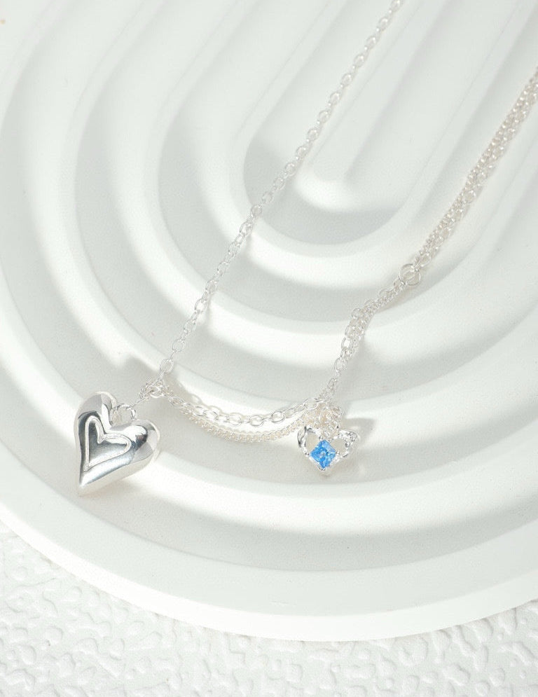 Blue Zircon Layered Heart Silver Necklace