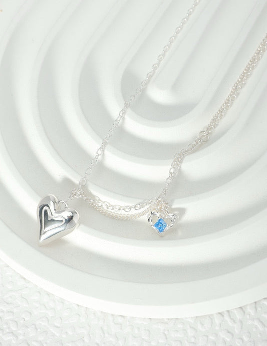 Blue Zircon Layered Heart Silver Necklace