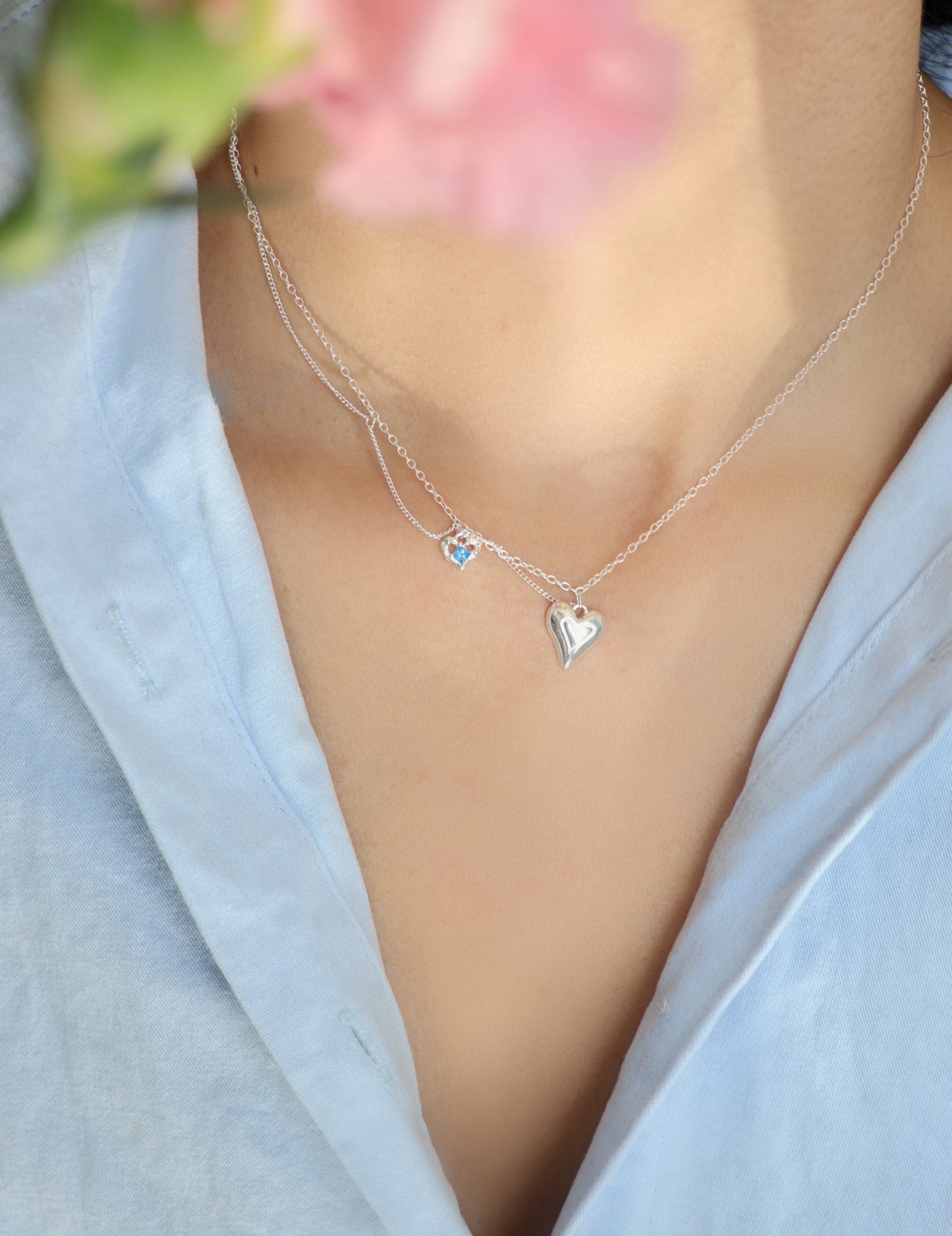 Blue Zircon Layered Heart Silver Necklace