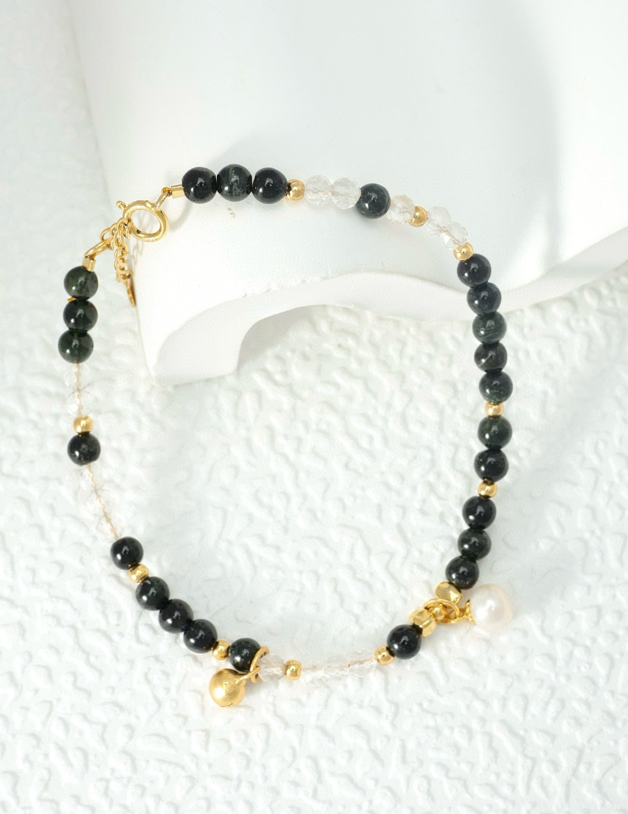 3.8mm Black Tourmaline & White Crystal Bracelet for Stability and Strength