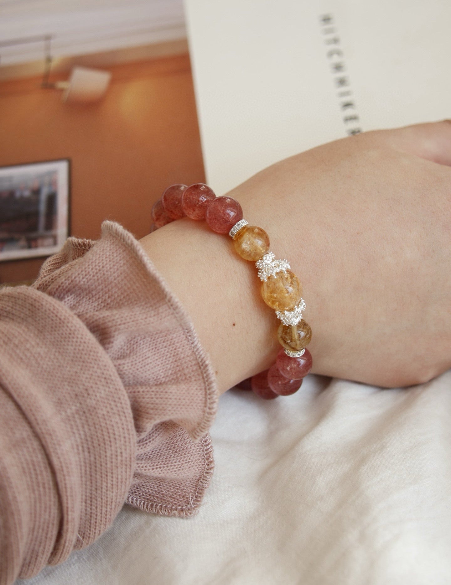 Strawberry Quartz & Citrine Crystal Bracelet for Enhance Relationships