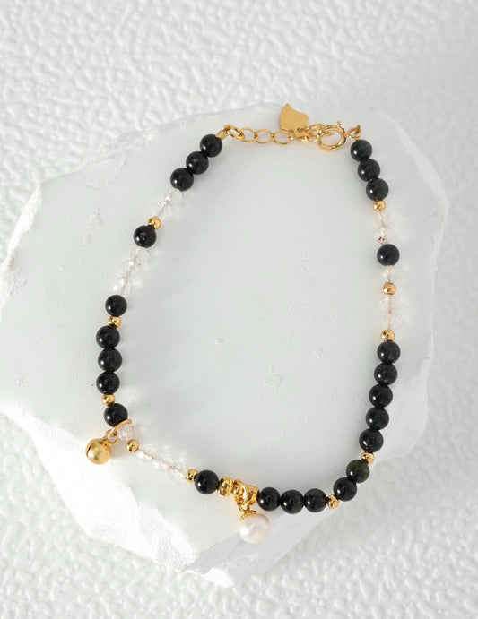 3.8mm Black Tourmaline & White Crystal Bracelet for Stability and Strength