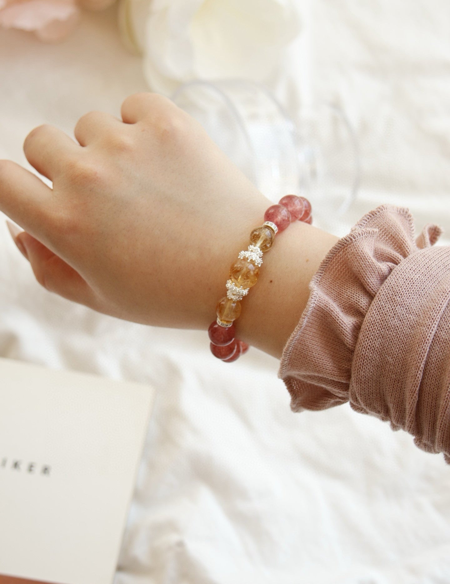 Strawberry Quartz & Citrine Crystal Bracelet for Enhance Relationships