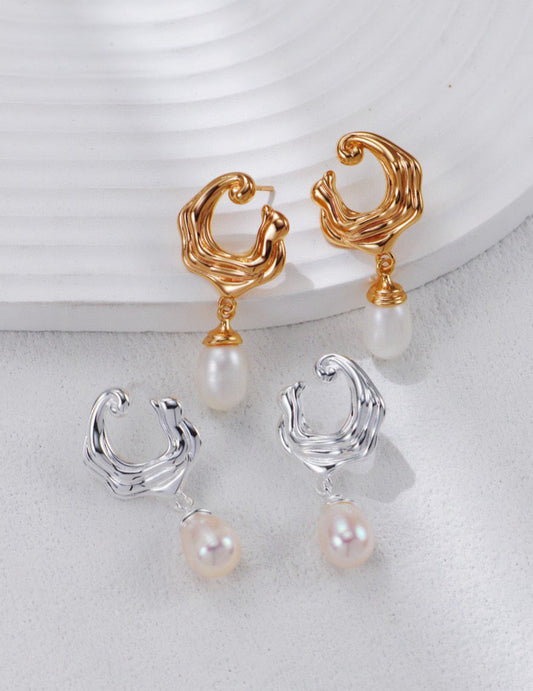 S925 Silver Ocean Wave Pearl Earrings