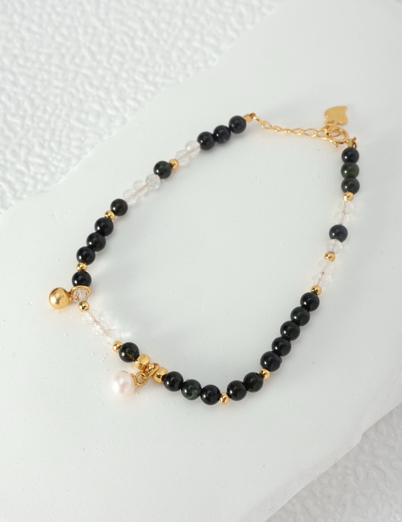 3.8mm Black Tourmaline & White Crystal Bracelet for Stability and Strength