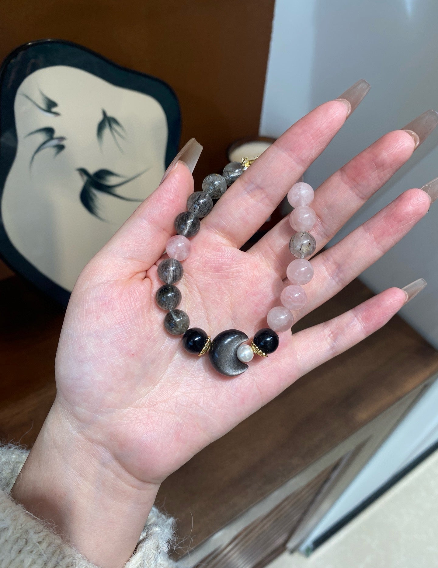 【Jade Rabbit】 Rose Quartz, Gray Rabbit Quartz, and Silver Sheen Obsidian Crystal Bracelet