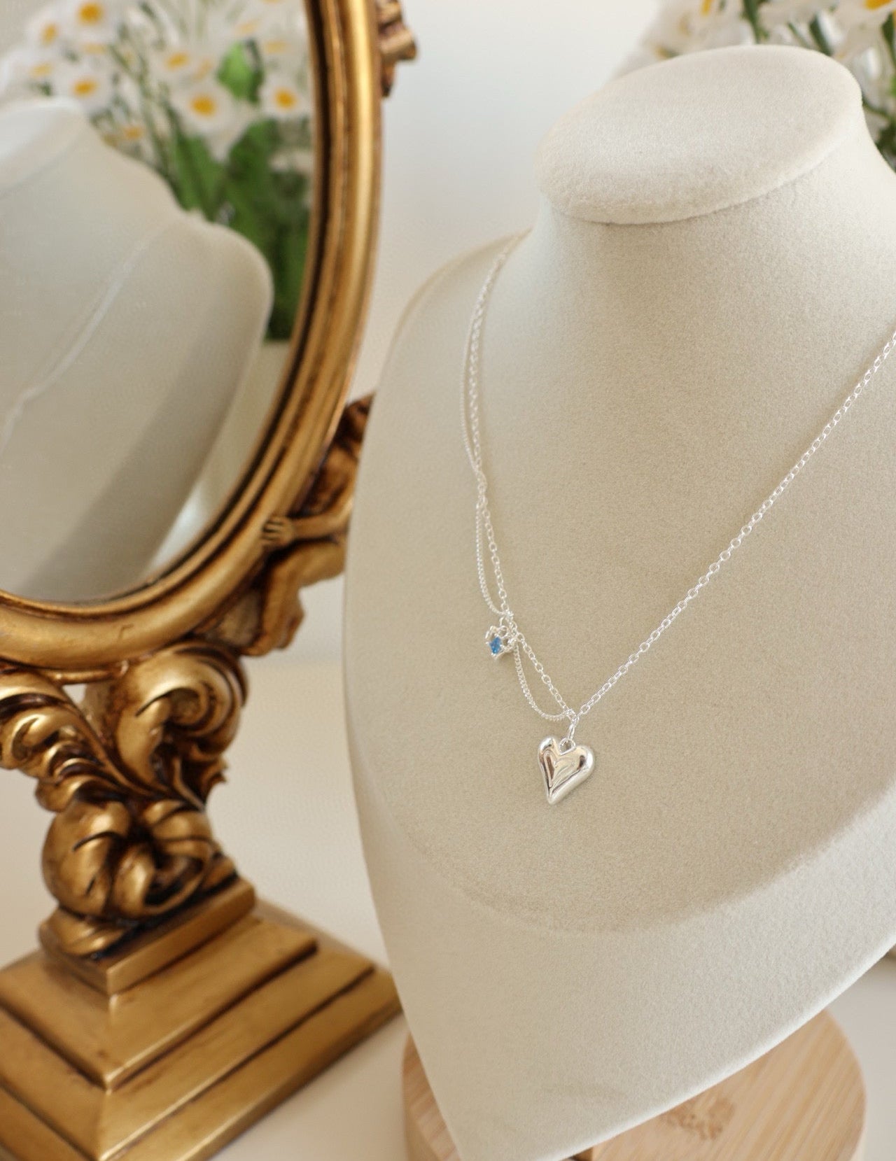 Blue Zircon Layered Heart Silver Necklace