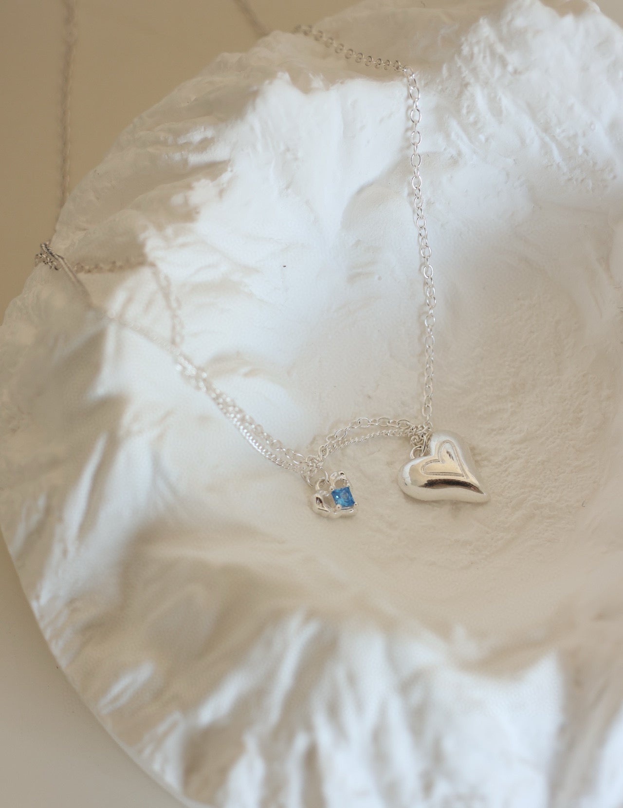 Blue Zircon Layered Heart Silver Necklace