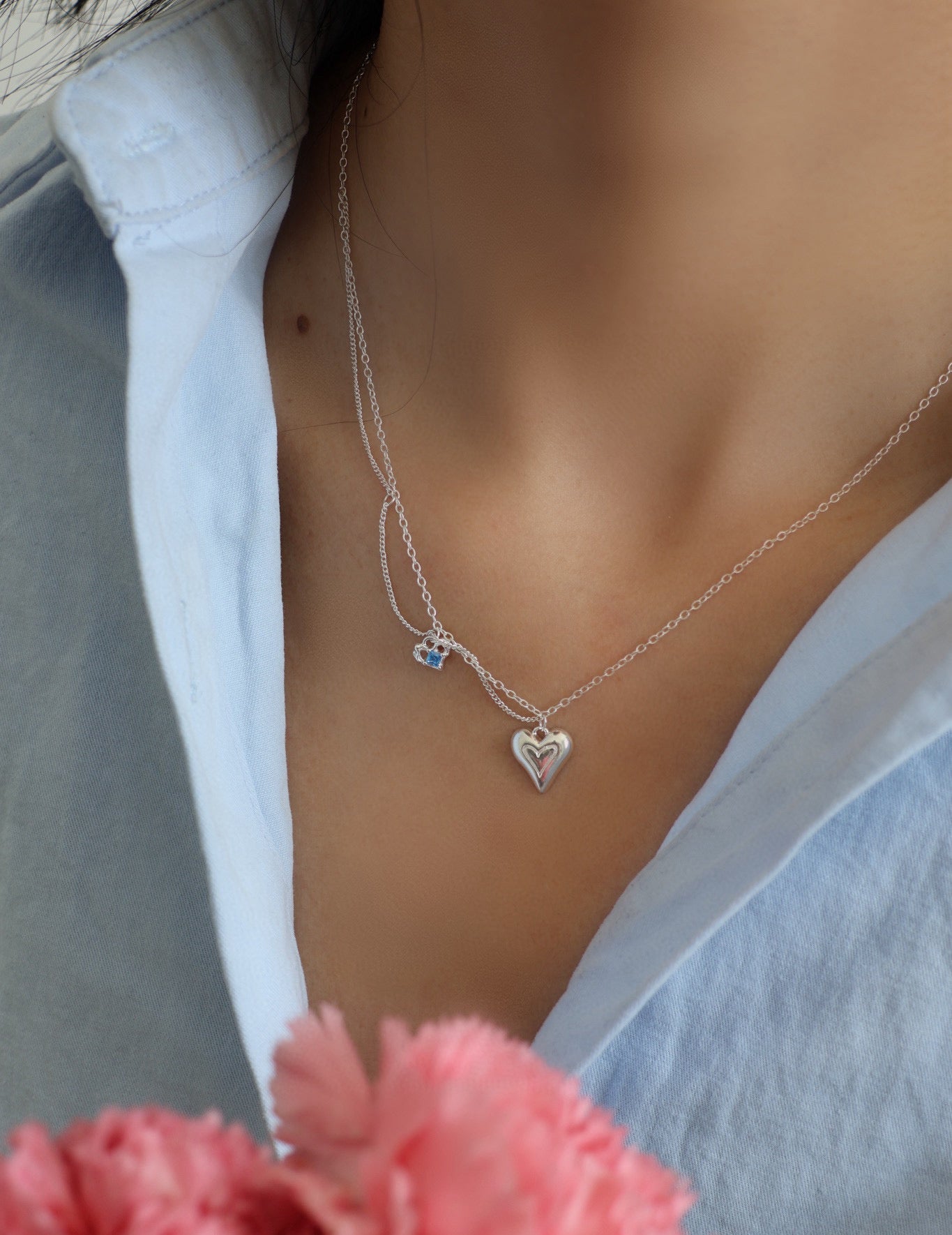 Blue Zircon Layered Heart Silver Necklace