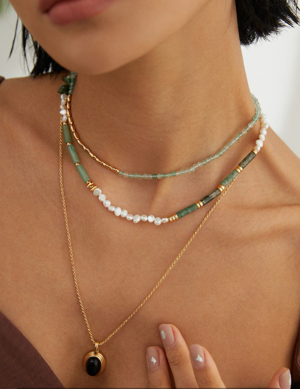 Silver Pearl & Green Toned Jade Necklace