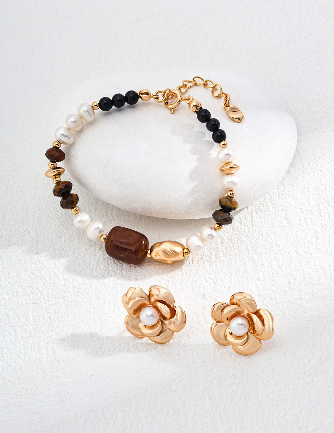 Natural Pearl, Tiger-Eye Abalone-Heart Courage and Strength Bracelet