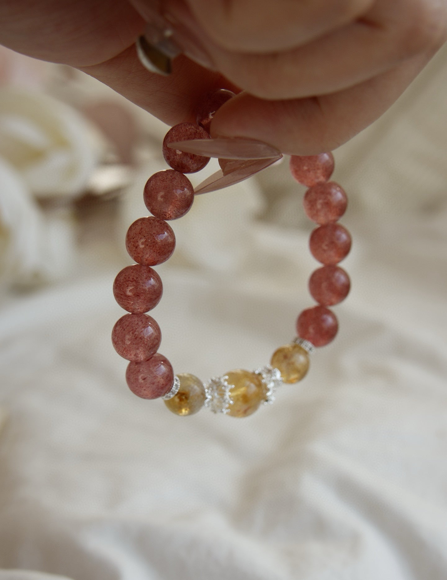 Strawberry Quartz & Citrine Crystal Bracelet for Enhance Relationships