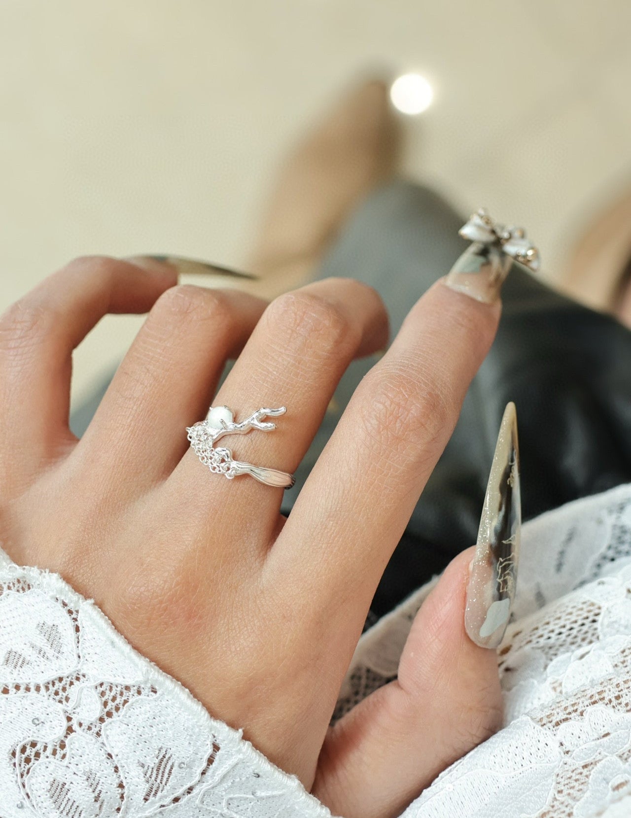 Vine & Compass Design Adjustable Opal Ring