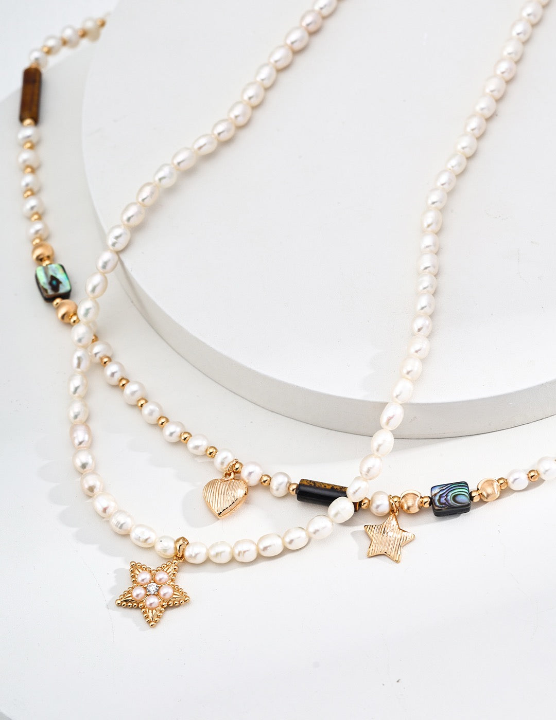 Natural Pearl Tiger Eye Abalone Heart Star Necklace