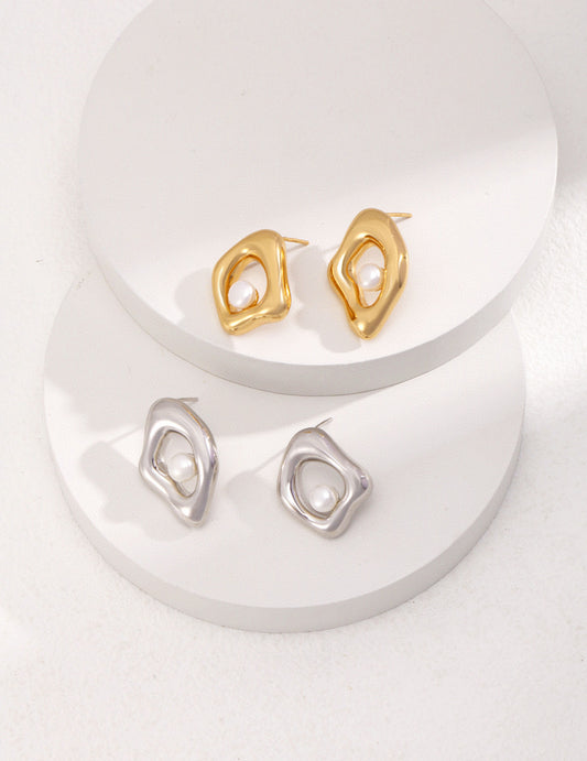 Irregular Minimalist 3D Design Pearls Silver Earrings