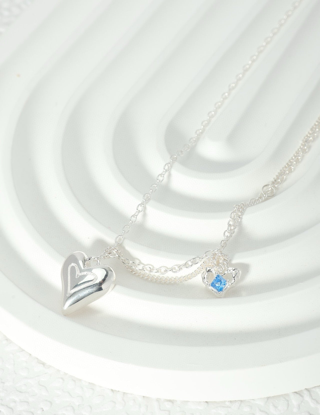 Blue Zircon Layered Heart Silver Necklace