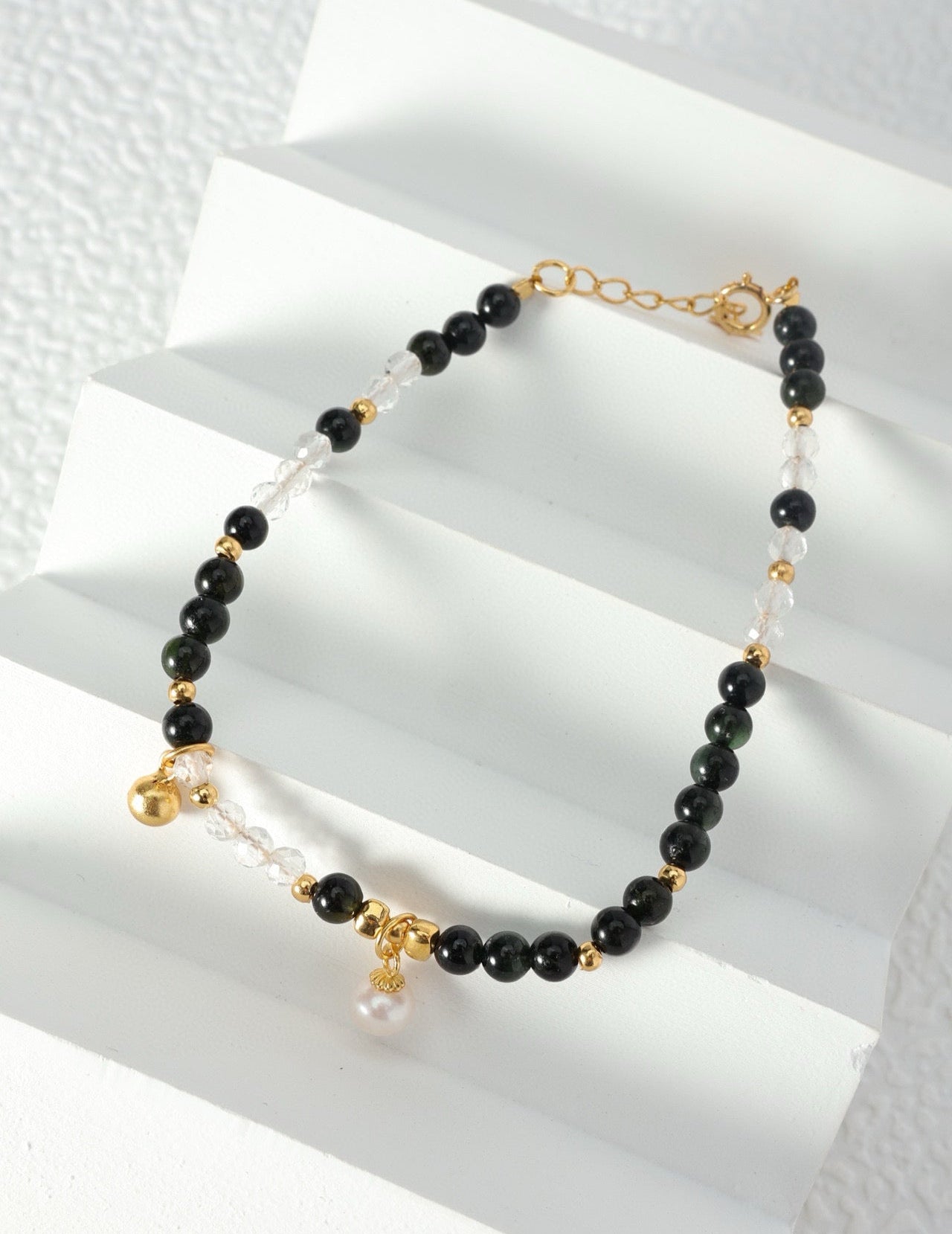 3.8mm Black Tourmaline & White Crystal Bracelet for Stability and Strength