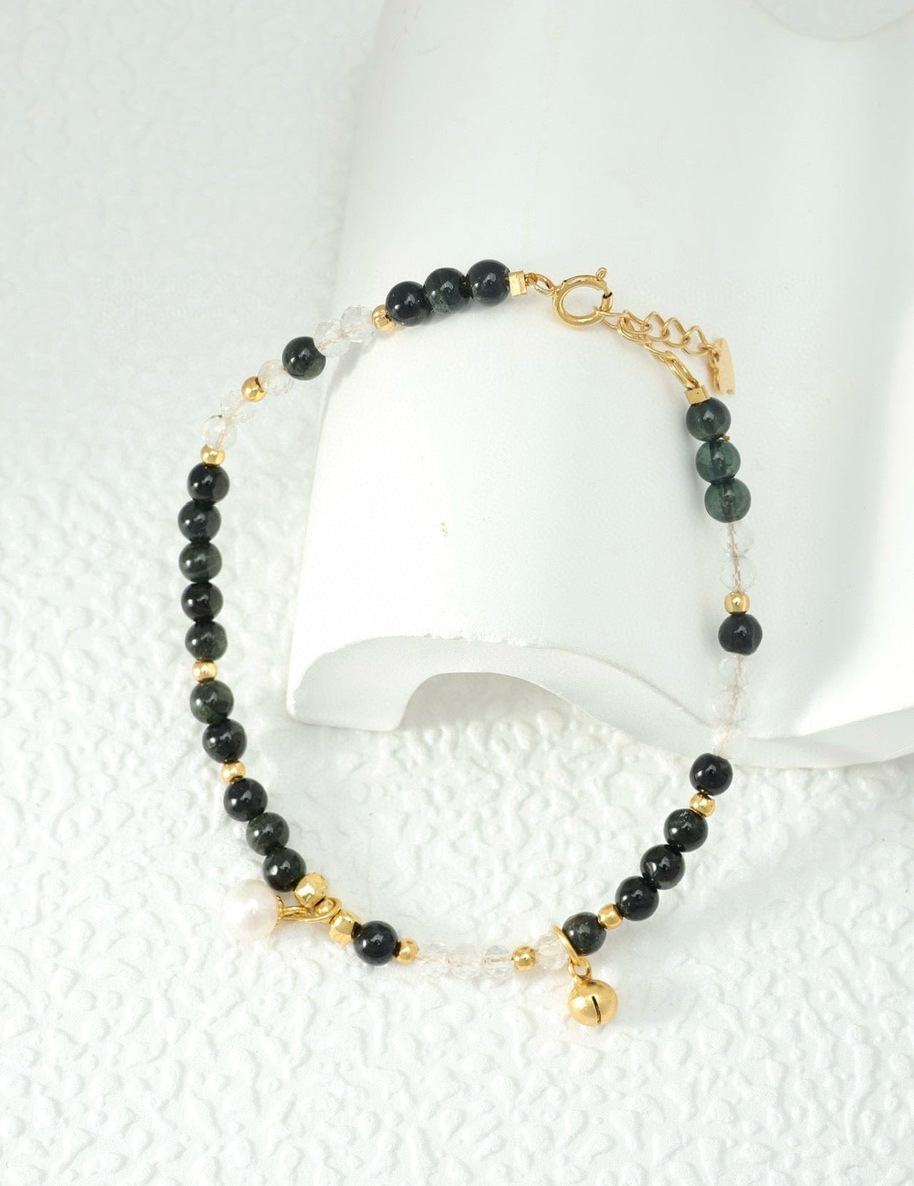 3.8mm Black Tourmaline & White Crystal Bracelet for Stability and Strength