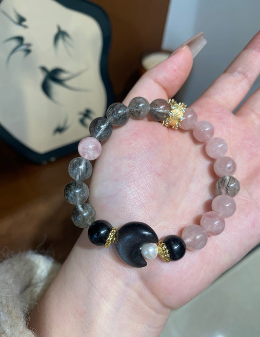 【Jade Rabbit】 Rose Quartz, Gray Rabbit Quartz, and Silver Sheen Obsidian Crystal Bracelet