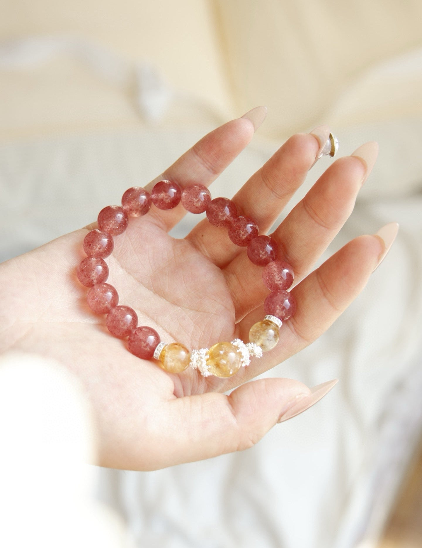 Strawberry Quartz & Citrine Crystal Bracelet for Enhance Relationships