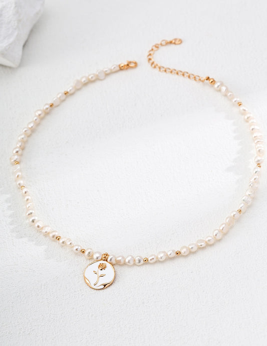 S925 Silver Simple Natural Pearl Drip Glaze Rose Pendant Necklace 2nd Version