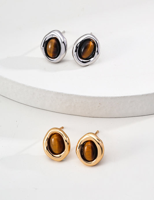 S925 Silver Vintage Natural Tiger Eye Stone Earrings